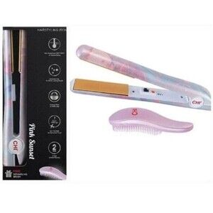 CHI Tourmaline Ceramic Flat Iron 1" Pink Sunset Design W/ Detangling Brush